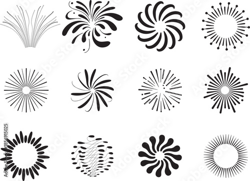 Abstract Radial Burst Shapes Collection – Minimal Black Vector Decorative Elements