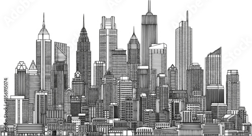 Transparent PNG available
Detailed architectural line drawing of a modern city skyline with diverse skyscrapers and urban landscape