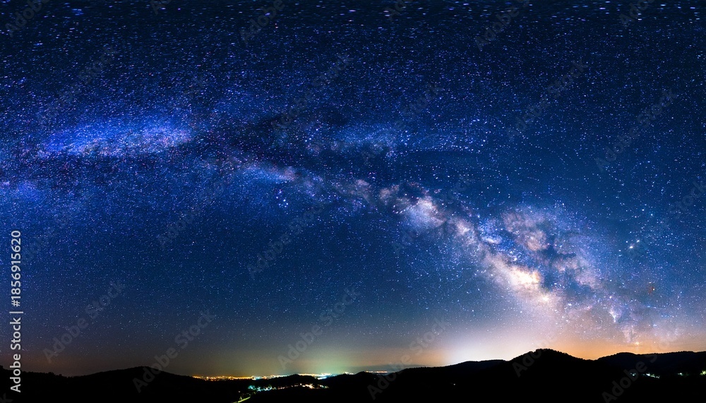 Fototapeta premium Panorama Blue Night Sky Milky Way And Star On Dark Background Universe Filled With Stars Nebula And Galaxy With Noise And Grain Photo By Long Exposure And Select White Balance Selection Focus Amazing
