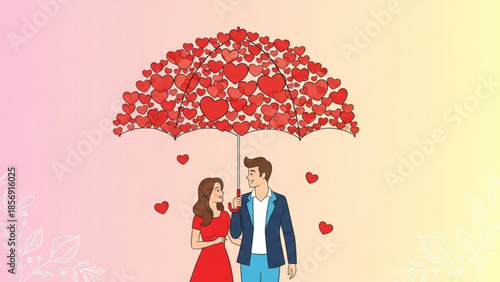 Loving couple under heart shaped umbrella on romantic pink background