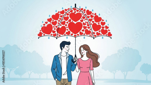 Loving couple under heart shaped umbrella on a rainy day togetherness