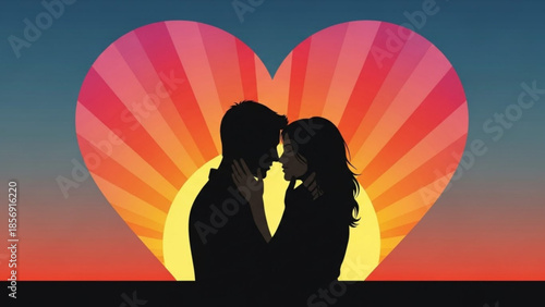 Silhouette of romantic couple kissing in front of heart shaped sunset