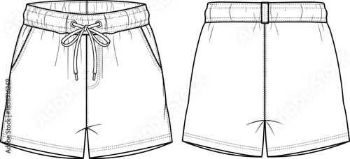 Technical Fashion Flat Sketch of Men's Casual Shorts Featuring Elastic Drawstring Waistband and Front Pockets in Front and Back Views