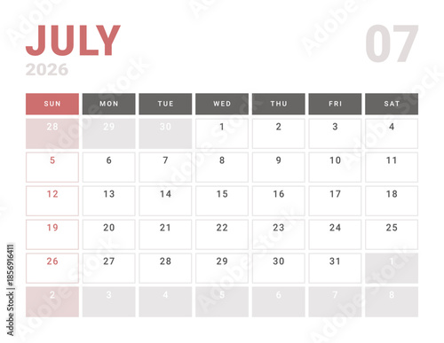 Monthly page Calendar Planner Template design of July 2026. Vector layout of calendar with week start Sunday for Scheduling. Page for size A4 or 21x29.7 cm