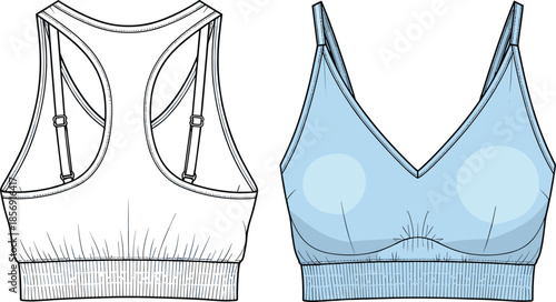 Technical Fashion Flat Sketch of Women's Light Blue Sports Bra Featuring Racerback Design and Elastic Waistband with Front and Back Views