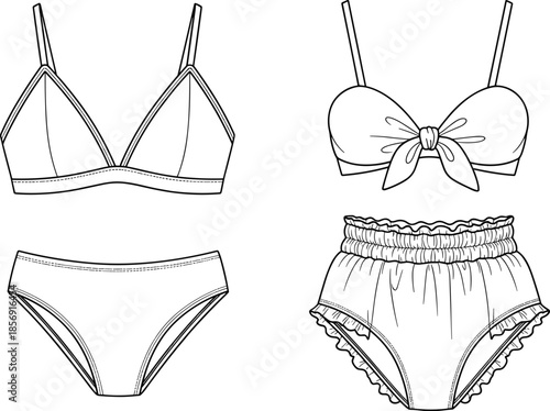 Technical Fashion Flat Sketch of Two Women's Swimwear Sets Featuring Triangle Bikini Tops and High Waisted Ruffled Bottoms with Bows
