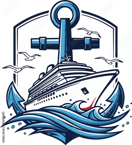 Cruise ship and anchor emblem with seagulls and ocean waves, symbolizing sea adventure