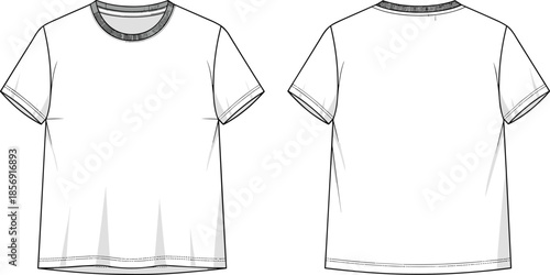 White short sleeve t shirt front and back view line art vector illustration, minimal apparel mockup, blank unisex clothing design template