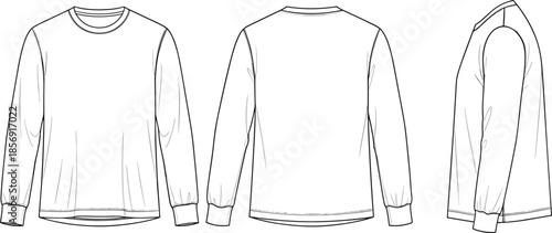 Blank long sleeve sweatshirt front back and side view vector illustration, basic crewneck apparel template, white pullover mockup, fashion technical outline