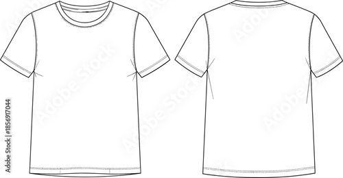 Blank t shirt front and back view vector illustration, basic short sleeve apparel template, white cotton tee mockup, fashion design outline