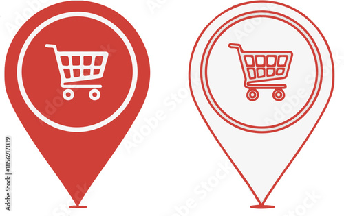 Two red and white map pin icons featuring a shopping cart symbol. One version is a solid red fill with a white cutout, while the other is a clean red outline on a white background.
