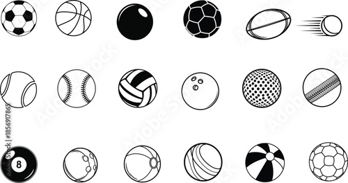 Collection of various sports balls and objects in black and white .