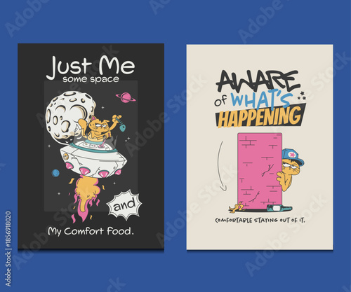 retro 90s vector illustration of a funny and introverted cat, aesthetic for posters, wall art, and t-shirt design