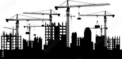Black silhouette of a construction site isolated on transparent background. Construction cranes over buildings. City development. Urban skyline. Element for your design. Vector illustration.