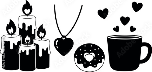 Romantic black silhouette set with candles heart necklace donut cup and floating hearts vector illustration