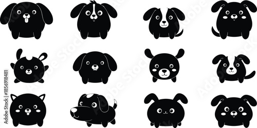 Cartoon dog silhouette icon set in black showing diverse expressions and styles for pet, sticker, and character design