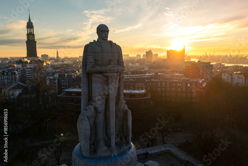 Aerial photo of the famous Bismarck Memorial at sunrise in Hamburg