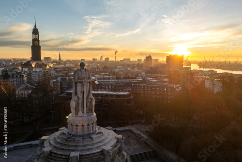 Aerial shot of the famous Bismarck Memorial at sunrise in Hamburg