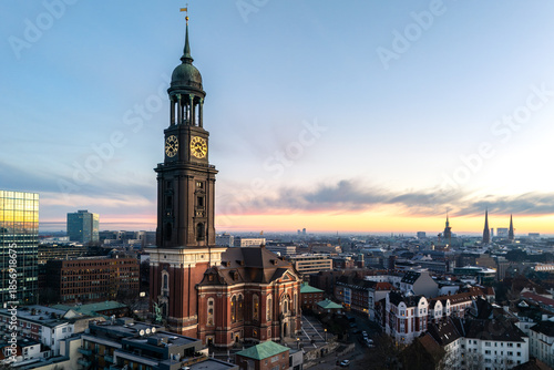 Aerial photo of the famous St. Michaelis Chruch at sunrise in Hamburg
