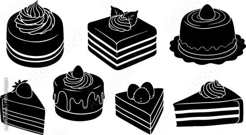 Black and White Cake Illustration Set – Wedding, Birthday & Dessert Icons
