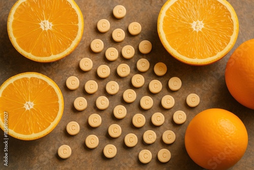 Vitamin C tablets and fresh oranges on a brown surface