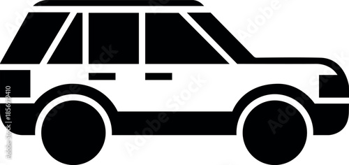 A simple black silhouette of a four wheel drive vehicle side view