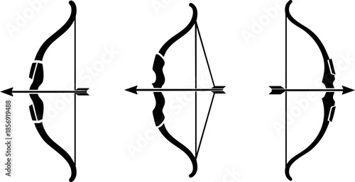 Set of three archery bow and arrow vector icons in different positions for sports and hunting design