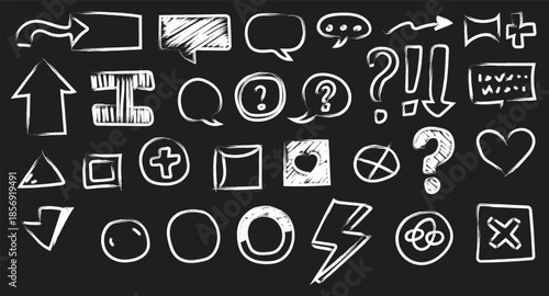 Collection of white chalkboard style icons and symbols on a black background