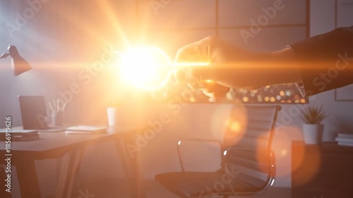 Futuristic hand interacts with glowing digital key in modern office