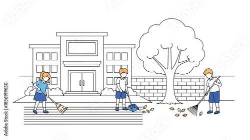 Students cleaning the schoolyard with brooms and rakes near a building