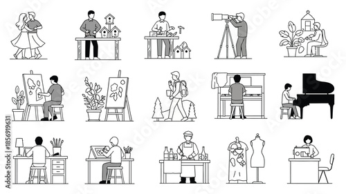 Illustrative collection of people engaged in various creative and artistic endeavors