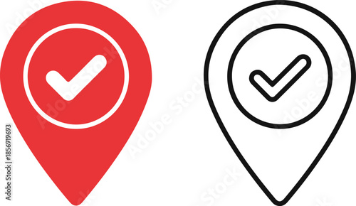 Two map pin icons featuring a checkmark symbol inside a circular frame. One version is a solid red fill with a white cutout, while the other is a clean black outline on a white background.
