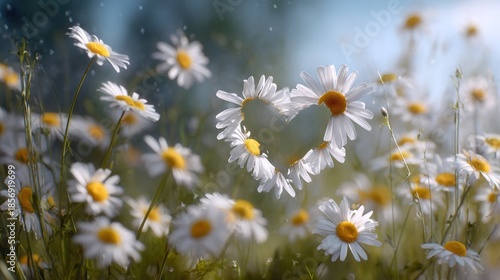 A field of white and yellow daisies with a heart-shaped hole at its center