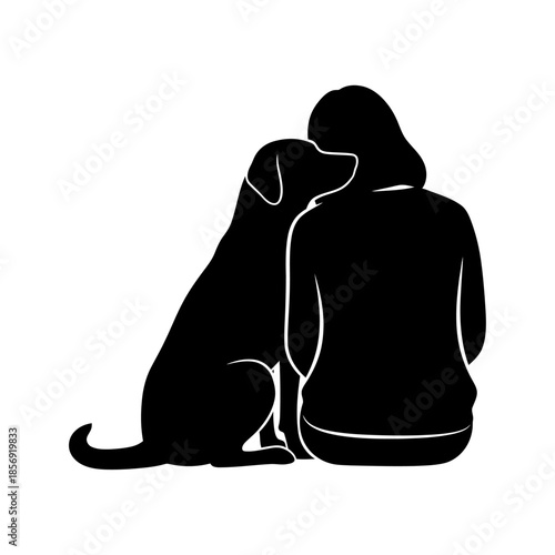 Dog supporting owner silhouette, emotional companionship loyalty vector