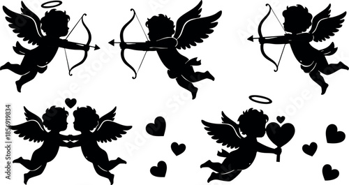 Cupid silhouettes with wings and bows shooting arrows in love themed vector design for romantic decoration and greeting card use
