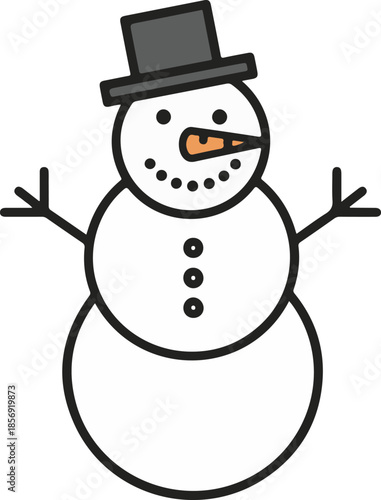 A friendly vector snowman featuring a classic top hat, orange carrot nose, and stick arms. This simple, flat design uses clean outlines and is perfect for winter holiday and Christmas themes.
