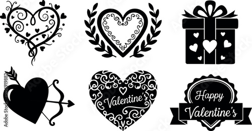 Valentine hearts with arrow gift box and love decorations for romantic celebration vector collection