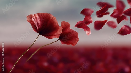 Wallpaper Mural   A pair of red blossoms atop a sea of red petals beside a gray and white facade Torontodigital.ca