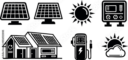 Solar energy icons set with solar panels sun battery charger and eco house designs for sustainable power sources vector