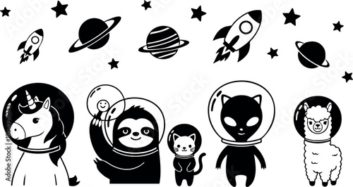 Space animals with astronaut helmets black and white vector illustration with planets and stars in outer space