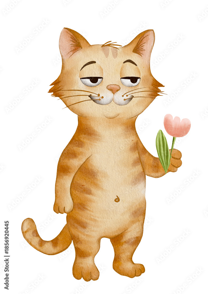 Obraz premium Cute orange cat holding a flower design for wrapping paper and fabric in simple style