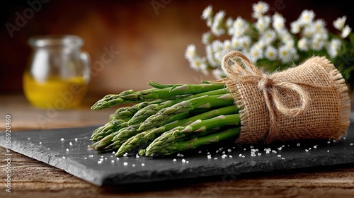   A group of asparagus bundled together with burlico cord on a slate platter