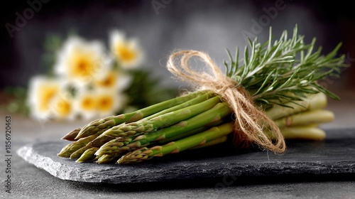   A bundle of asparagus secured with twine on a stone platter