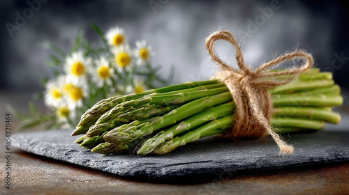   A slate-slab tied-up asparagus bundle with daisy bouquet