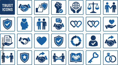 Trust icons set for security partnership honesty reliability protection business relationships credibility assurance concepts