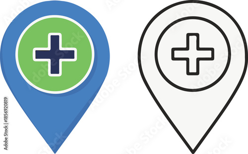 A set of two vector map pin icons featuring a medical plus sign, including a vibrant blue and green filled version and a clean black and white outline.