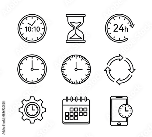 Collection Of Time Icons Featuring Clocks Hourglass Calendar Wheel And Mobile Timepiece Set