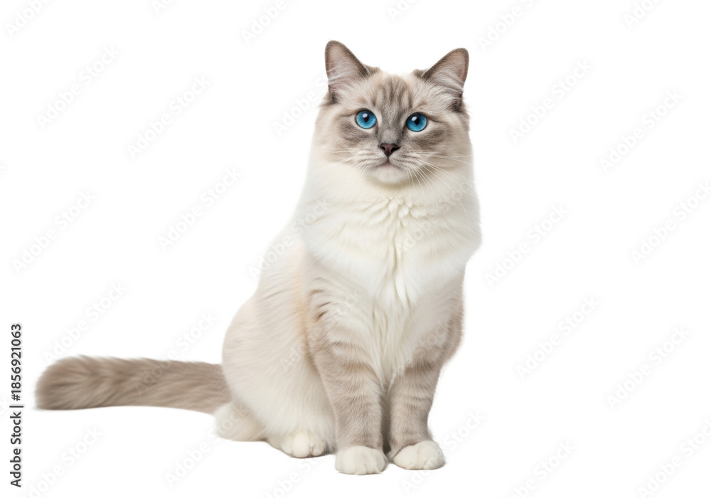 Obraz premium Adult Ragdoll cat with luxurious cream & transparent fur, bright sapphire blue eyes, pink nose, sitting calmly, looking at camera on a white studio background with copy space, concept of elegant