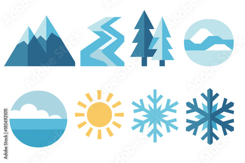 Geometric Winter Icons. Frozen Wilderness in geometric flat style: mountains, frozen river, trees, snow patch, sky, sun, snowflakes, ice crystals