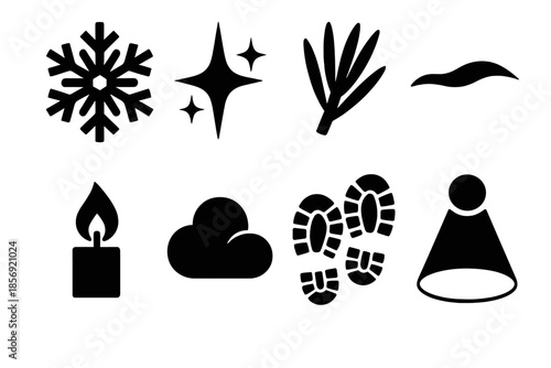 Frozen Flake Icon Set. Frozen Flake Beauty silhouette set: intricate flake, frost shimmer, pine sprout, snow drift, candle flame, cloud puff, boot prints, soft spotlight